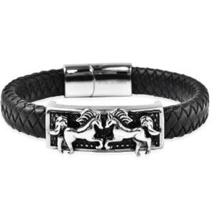 Horses Stainless Steel and Black Leather Bracelet - 8.5 inches